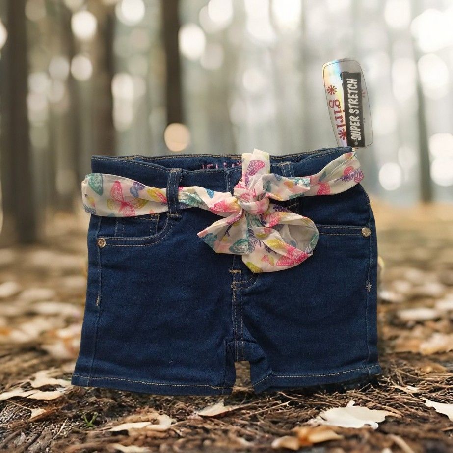 Girls Blue Denim Shorts With Floral Ribbon - 4 Yrs